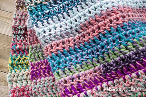 Scrap Yarn Afghan Patterns Free, Blue Yarn Crochet Projects, Scrap Yarn Crochet Blanket Pattern Free, Quick And Easy Crochet Projects Free, Crochet Scrap Blanket, Scrappy Crochet, Scrap Blanket, Bulky Crochet, Crochet Granny Stitch