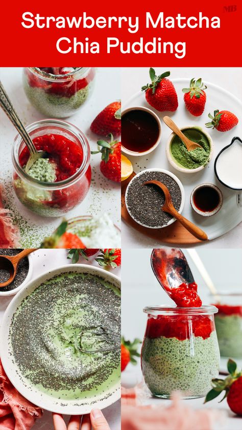 Creamy matcha chia pudding with an easy strawberry compote. A gorgeous snack perfect for prepping and enjoying throughout the week. Just 7 ingredients and 15 minutes active time required! Creamy Matcha, Matcha Chia Pudding, Matcha Pudding, Recipes Chili, Cake Pizza, Strawberry Matcha, Strawberry Compote, Pizza Sandwich, Berry Compote