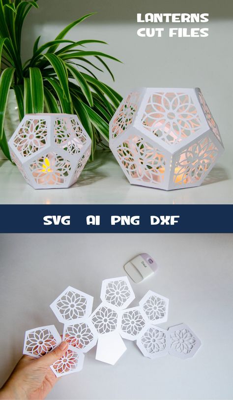 3D Paper Craft Cricut Paper Projects, Lantern Template, Lantern Svg, 3d Paper Projects, Idee Cricut, Pentagon Shape, Folding Origami, Projets Cricut, Ge Bort