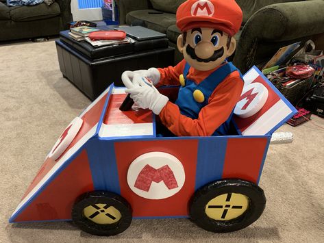 Diy Cardboard Mario Kart, Mario Cardboard Box Car, Mario Cart Box Car, Cardboard Box Mario Kart, Mario Kart Box Car Diy, Mario Kart Box Car, Mario Box Car, Diy Mario Cart Wagon, Diy Mario Kart Car