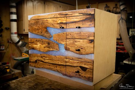 Epoxy River Table Style Bathroom Vanity Cabinet – Corbin's Treehouse Epoxy Cabinet Doors, Epoxy Bathroom, Cabinet Building, Live Edge Epoxy, Epoxy River Table, Epoxy Tables, Resin River Table, Transforming Furniture, Bathroom Vanity Cabinet