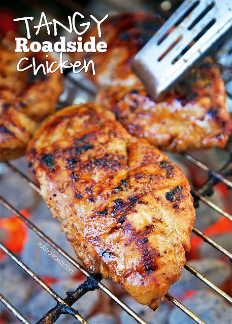 Tangy Roadside Chicken - chicken marinated in olive oil, cider vinegar, orange juice, Worcestershire sauce, chili powder, garlic powder, sugar and Montreal Chicken seasoning and grilled. We let the chicken marinate in the fridge overnight - OMG! SO good!! The chicken was so tender and juicy and full of TONS of great flavor! Can't wait to make this again!! Meat Marinades, Grilling Chicken, Grilled Foods, Mexican Chicken Recipes, Grilled Bbq Chicken, Easy Grilled Chicken, Plain Chicken, Chicken Marinade, Ground Mustard