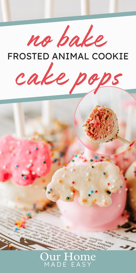 Enjoy the nostalgia of frosted animal cookies with this yummy cake pop recipe. Create a fun and tasty treat for any occasion! #ourhomemadeeasy #desserts #cakepops #animalcookies Animal Cookie Cake, Circus Cake Pops, Cookie Cake Pops, Frosted Animal Cookies, Rainbow Sprinkle Cakes, Animal Cake Pops, Circus Cookies, Circus Animal Cookie, Circus Cake