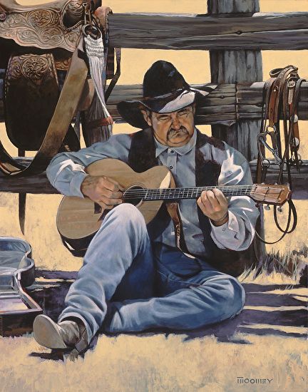 in-between-horses Cowboy Playing Guitar, Cowboy Art Western, Cowboy Artists, Western Artwork, Western Paintings, Western Artist, Artist Sketchbook, Cowboy Art, Southwest Art