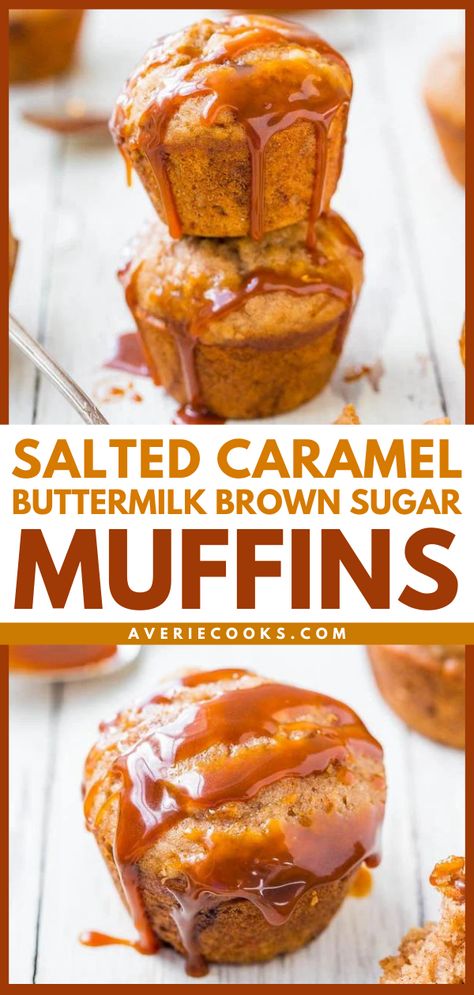 Cinnamon Brown Sugar Muffins - Averie Cooks Caramel Muffins, Cinnamon Drizzle, Brown Sugar Muffins, Fluffy Muffins, Buttermilk Muffins, Muffin Flavors, Averie Cooks, Simple Muffin Recipe, Homemade Muffins