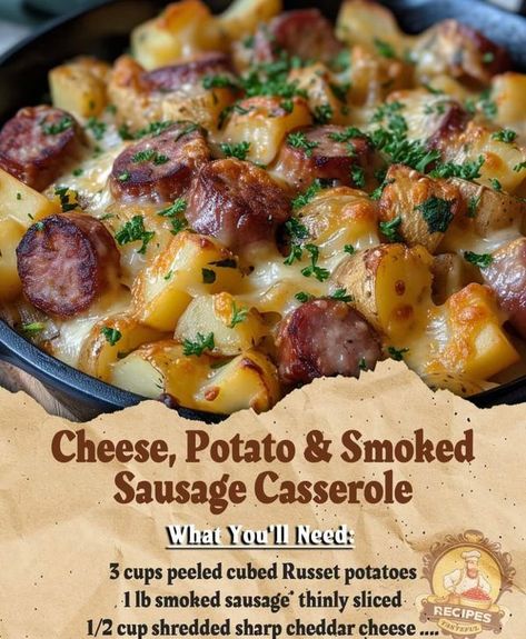 Potato Smoked Sausage Casserole, Smoked Sausage Casserole, Casserole Potato, Creamy Cheesy Potatoes, Sausage Potato Casserole, Sausage Casserole Recipes, Sausage Ingredients, Cheese Potato, Hearty Comfort Food