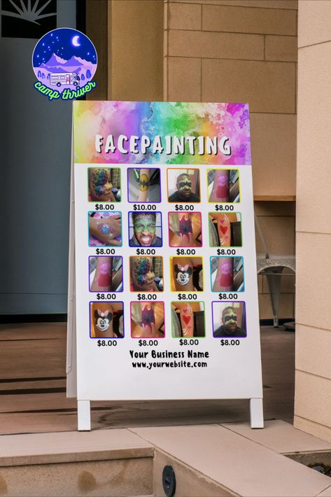 Editable template for a face painting menu! Easily upload your own photos and snap into the frames to showcase your designs for each event. Edit the text, add your logo, or change the colors to make it just right for your business. Face Paint Poster, Face Painting Logo Design, Face Painting Poster Ideas, Face Painting Flyer, Face Painting Signs Ideas, Face Paint Price Board, Menu Board, Painting Templates, Sign Templates