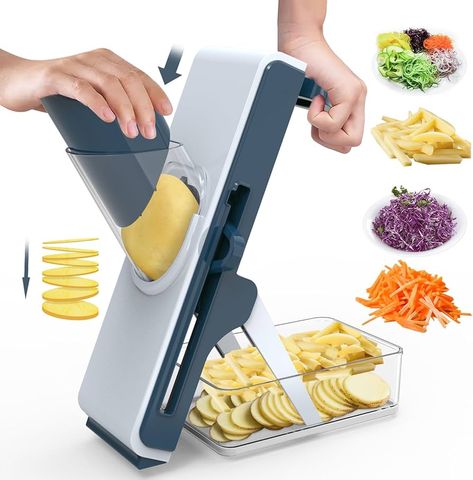 Amazon.com: DAYIH Safe Mandoline Slicer for Kitchen - Multifunctional Vegetable Salad Chopper, French Fry Cutter, Potato Slicer, Professional 3 in 1 Veggie Food Chopper with Container (Blue) : Home & Kitchen Vegetable Shredder, Mandoline Slicer, Airtag Case, Potato Slicer, Food Slicer, Kinds Of Vegetables, Fruit Peeler, Mandolin Slicer, Potato Vegetable