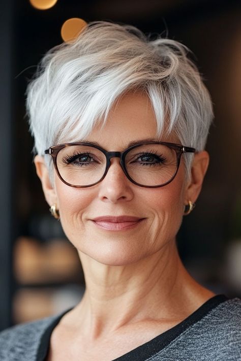 30 Pixie Haircuts For Women Over 60 with Glasses Eye Glasses For Women With White Hair, Pixie With Glasses Over 50, Pixie With Glasses, Haircuts For Women With Glasses, Pixie Haircut For Older Women Over 60, Pixie Haircut With Glasses, Pixie Haircuts, Short Hair With Glasses, Funky Pixie Cut