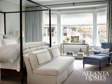 A soft color palette in the master bedroom makes for a quiet and cozy sanctuary. Chair and sofa, Hickory Chair. Bedding, Leontine Linens. Blue Beds, Restful Bedrooms, Bilik Idaman, White Bedroom Design, Four Poster Bed, Coastal Bedrooms, Poster Bed, Four Poster, Atlanta Homes