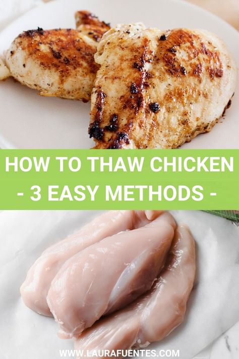 What's the safest way to defrost frozen chicken? There are three safe methods - refrigerator, cold water, and microwave. Learn all the pros, cons, and details for each method here. Quick Frozen Chicken Recipes, How To Defrost Chicken Quickly, Cook Chicken From Frozen, Defrost Chicken Quickly, How To Defrost Chicken, Defrost Chicken, Cooking Frozen Chicken Breast, Frozen Chicken Recipes, Real Food Snacks