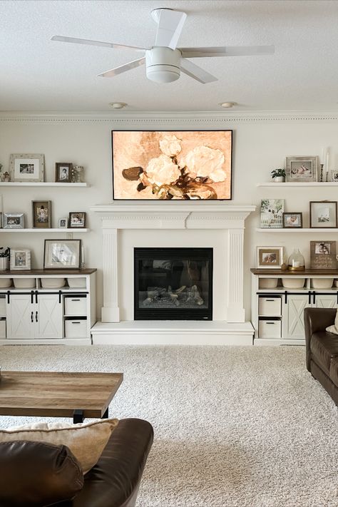 Living Room Fireplace Flat Wall, Living Room Wall With Fireplace And Tv, Dining Room In Front Of Fireplace, Frame Tv Gallery Wall Fireplace, Tv On Top Of Fireplace Living Rooms, Living Room Focal Wall With Tv, Central Fireplace Living Room, Fireplace Flat Wall, Tv On Top Of Fireplace