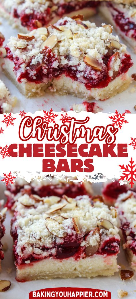 Christmas Cheesecake Bars | Baking You Happier Great Holiday Desserts, Christmas Party Food Sweets, Squares And Bars Recipes Christmas, Easy Show Stopper Desserts, Cherry Pie Cheesecake, Christmas Cheesecake Bars Recipes, Christmas Cheesecake Dessert, Chocolate Cherry Cheesecake Bars, Lemon Cranberry Cheesecake Bars