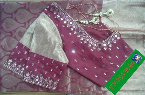 Blouse with mirror work 7702919644 Mirror Maggam Work Designs, Mirror And Zardosi Work Blouse, Mirror Work For Blouse, Mirror Work Maggam Blouses, Mirror Work Blouse Design For Pattu Sarees, Simple Mirror Work Blouse Designs, Blouse With Mirror Work, Mirror Work Saree Blouse, Plain Blouse Designs