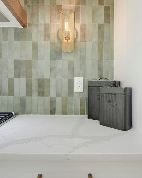 Bedrosians Tile | A vibrant kitchen backsplash brings life and energy to the space! Backsplash: Celine 2x6 in Sage Designed by @zaskiasimmonsdesign | Instagram Green Kitchen Backsplash, Vibrant Kitchen, Bedrosians Tile, Porcelain Floor, Green Tile, Simply Chic, French Countryside, Porcelain Flooring, Green Kitchen