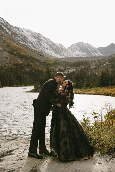 All Black Wedding Attire | Alternative Wedding Ideas | If you’re looking for some non-traditional wedding inspo, Blue Lakes Colorado elopement gallery is full of candid wedding photos, stunning scenery, and all the chill, edgy vibes. Discover black wedding dress, alternative wedding aesthetic, non traditional wedding dress and non traditional wedding locations. Book McKenzie to capture your Colorado wedding & elopement photography at mckenziebigliazzi.com! All Black Wedding Attire, All Black Wedding Suit, Black Wedding Attire, Wedding Suit Dress, All Black Wedding, Wedding Dress Alternative, Edgy Vibes, Alternative Wedding Photography, Dress Alternative