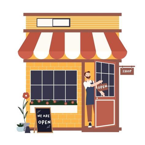 Business Cartoon Art, Restaurant Illustration Drawing, Nirmana Benang, Small Business Illustration, Shops Illustration, Restaurant Cartoon, Restaurant Drawing, We Are Open Sign, Small Business Graphics