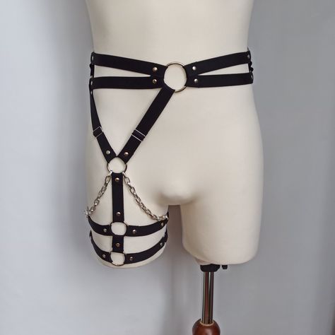 Black Horse one side leg Elastic harness, strap and chain harness by DebutLingerie on Etsy Diy Leg Harness, Thigh Harness Outfit, Leg Harness Outfit, Harness Pants, Diy Body Harness, Hip Harness, Goth Harness, Body Harness Outfits, Gothic Harness