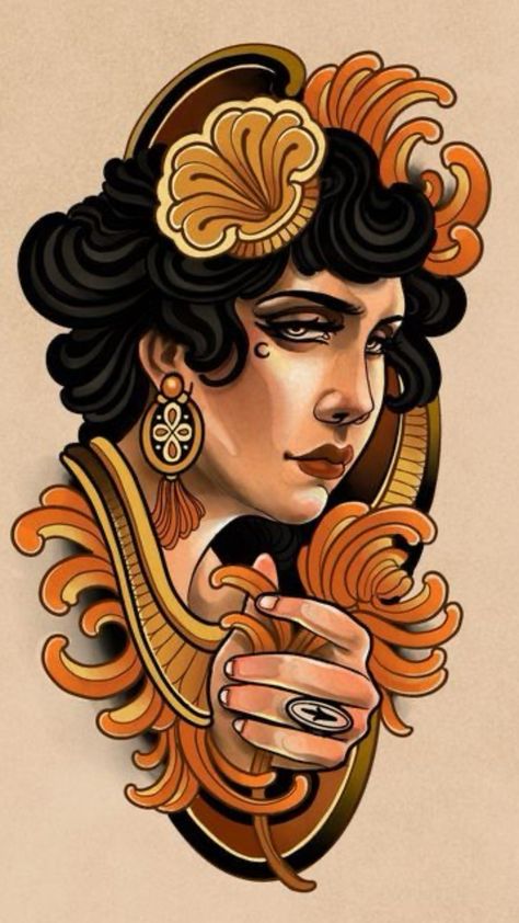 Neotraditional Tattoo Woman, Neotraditional Lady Face, Neotraditional Tattoo Flash Art, Neotraditional Tattoo Design, Neo Traditional Art, Tattoo Stamps, Joker Tattoo Design, Procreate Tattoo, Zeus Tattoo