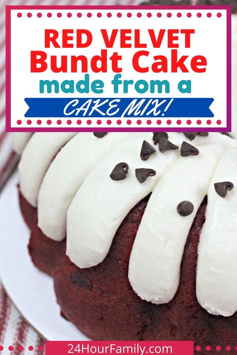 Red Velvet Bundt Cake (Made from a Cake Mix)! - twentyfourhourfamily.com Red Velvet Box Cake Recipe, Red Velvet Bunt Cake, Red Velvet Cake Mix Recipes, Red Velvet Bundt Cake Recipe, Bundt Cake Mix, Bunt Cake Recipe, Red Velvet Bundt, Doctored Cake Mix Recipes, Red Velvet Bundt Cake