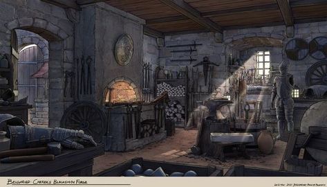 Fantasy Forge Concept Art, The Belgariad, David Eddings, Blacksmith Workshop, Interior Concept Art, Environment Painting, Fantasy Shop, Blacksmith Forge, Fantasy World Map