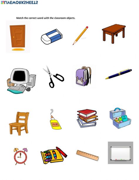 Classroom Objects Activities, Classifying Objects Kindergarten, Same And Different Objects Worksheet, School Things Worksheet For Kids, Classroom Objects Worksheet, School Chalkboard Art, Lkg Worksheets, Modern Classroom, Working Memory