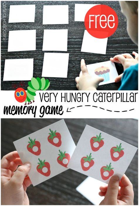 Fun way to build kids' concentration, attention, sportsmanship and memory! FREE Very Hungry Caterpillar Memory Game for Kids. Very Hungry Caterpillar Printables, Eric Carle Activities, The Very Hungry Caterpillar Activities, Hungry Caterpillar Craft, Hungry Caterpillar Activities, Playdough To Plato, Insects Preschool, Caterpillar Craft, Hungry Caterpillar Party