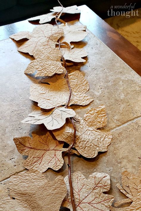 Paper Bag Diy Decoration, Paper Leaf Garland Diy Fall, Brown Paper Bag Garland, Brown Paper Bag Leaves, Leaves Diy Paper, Diy Fall Paper Decorations, Fall Leaf Garland Diy, Paper Bag Crafts For Adults, Paper Bags Crafts