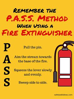 A free workplace safety poster that reminds employees of the PASS method when using a fire extinguisher. Fire Safety Poster, Safety Games, Safety Talk, Safety Topics, Fire Safety Week, Health And Safety Poster, Fire Safety Tips, Safety Slogans, Employee Safety