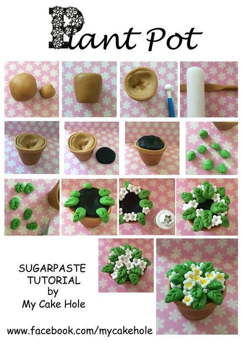 how to... fondant plant pot Polymer Clay Pots Plants, Palmer Clay Ideas, Flori Fondant, Polymer Clay Kunst, Crea Fimo, Diy Fimo, Tanah Liat, Polymer Clay Diy, Mini Plants