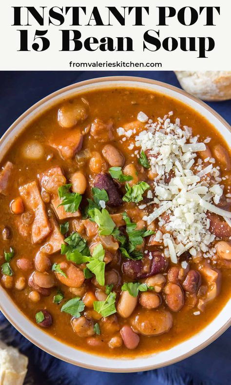 Dried beans are cooked to tender perfection without any pre-soaking in this deliciously seasoned Instant Pot 15 Bean Soup. Old fashioned comfort food at its best! #instantpot #soup #beans #beansoup #ham #healthyrecipes Instant Pot 15 Bean Soup, Soup In Instant Pot, 16 Bean Soup, 15 Bean Soup, Pot Image, Soup Beans, Multi Cooker, Ham Soup, Ham And Beans