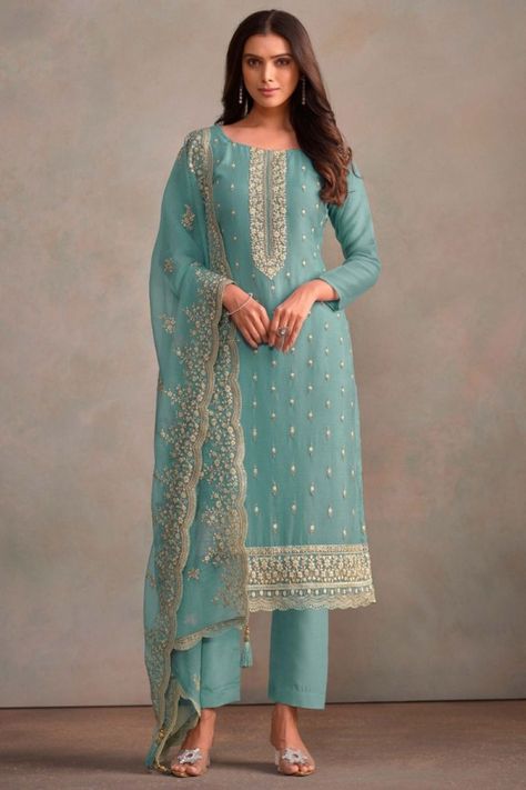 Mint Blue Embroidered Organza Pant Kameez for Ceremonial Organza Kameez, Casual Churidar, Salwar Kameez Mens, Patiyala Dress, Blue Ombre Hair, Powder Blue Color, Indian Women Fashion, Blue Organza, Lehenga Suit