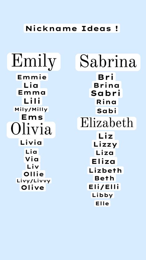 Nickname ideas! (Comment if you want a special name request) #preppy #love #beyonce #fyp #blowup #middleschool #highschool #nicknames #elizabeth #sabrina #olivia #emily Nicknames For Olivia, Nicknames For Elizabeth, Nickname Ideas, Olivia Emily, Cute Nicknames, Beyonce, Middle School, High School, Writing