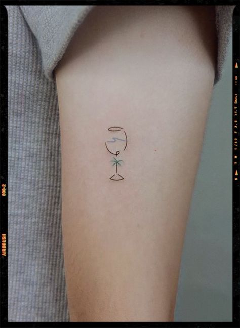 Wine Travel Tattoo, Wine Glass Wave Tattoo, Tropical Vacation Tattoo, Wine Tatoos Glasses, Mini Wine Glass Tattoo, Wine Tattoo Minimalist, Holiday Tattoo Ideas Summer, Wine Tattoos For Women, Wine Glasses Tattoo