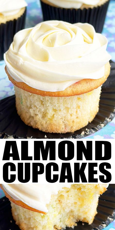 Soft, moist, easy ALMOND CUPCAKES recipe with almond buttercream frosting, homemade with simple ingredients from scratch. Also called white almond sour cream cupcakes (WASC). From CakeWhiz. White Almond Cupcake Recipe, Vanilla Almond Cupcakes, Almond Flavored Cupcakes, White Cake Mix Cupcake Recipes, Cupcakes Recipes From Scratch, Almond Cupcakes From Box Cake, Almond Cupcake Recipes, Easy Cupcake Recipes 3 Ingredients, Almond Cake Recipe From Scratch