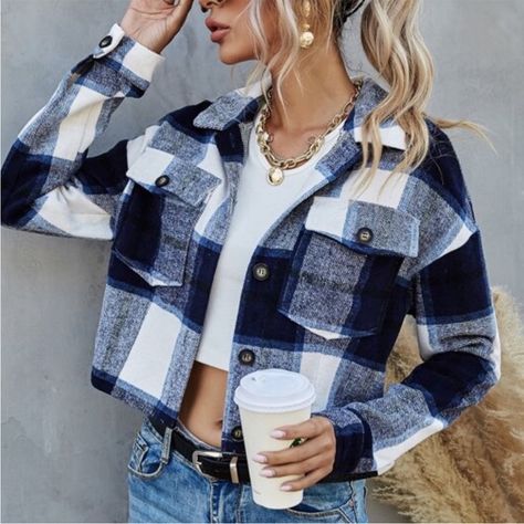 Cozy Plaid Button Cropped Jacket Shacket Xs S M L, 100% Polyester, Ships In 7-8 Days Plaid Shirt Women, Blue Flannel, Women Jackets, Flannel Women, Flannel Jacket, Fall Coat, Plaid Jacket, Plaid Blazer, Fall Jackets