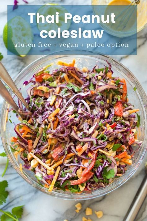 Bright and crunchy Thai Peanut Coleslaw - chopped and shredded veggies dressed in a simply peanut sauce | #GlutenFree + #Vegan + #Paleo Options #coleslaw #thai #peanut #healthysummer #saladrecipe Thai Coleslaw, Coleslaw Chicken, Peanut Coleslaw, Thai Peanut Salad, Recipes Cheesecake, Peanut Salad, Vegan Coleslaw, Recipes Pizza, Coleslaw Salad