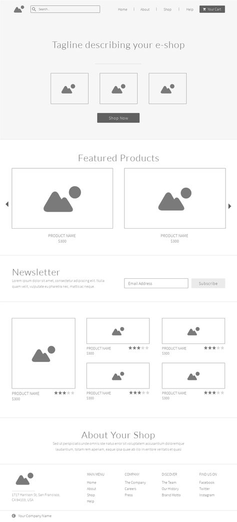 Ecommerce Website Wireframe Template - Moqups | Working with an ecommerce wireframe is a crucial step in building an online shop since it helps you conceptualize the basic blueprint of your site early in the design process. This ensures that the final version of the website will be user-friendly, easy to navigate, and effective from a user journey perspective – before you commit precious resources towards the final design. Wireframe Website Layout, Wireframe Design Website, Ecommerce Wireframe, Website Wireframe Design, Website Blocks, Homepage Wireframe, Website Wireframe Templates, Wireframe Web, Website Wireframe