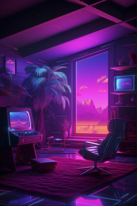 Immerse yourself in the retro futurism of a synthwave computer room with this vibrant art print, capturing the essence of digital nostalgia. Retro Futurism 80s, Synthwave Aesthetic Room, Synthwave Bedroom, Lofi Aesthetic Gif, Retro Wave Aesthetic, Synthwave Room, Vice Aesthetic, Digital Nostalgia, Mood Lighting Living Room