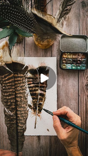 Paintings Of Feathers, How To Paint Feathers Acrylic, Bird Feather Painting, Turkey Feather Art, Paintings Of Feathers On Canvas, How To Paint Feathers Watercolour, Owl Feather, Watercolor Feather, Earth Pigments