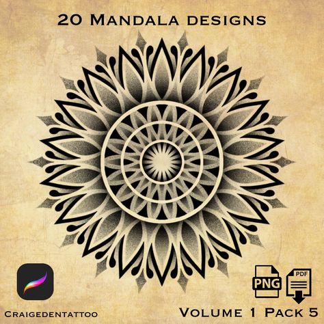 I’ve separated my 100 mandala designs book into packs of 20 to make it more affordable and accessible to those who aren’t willing to commit to the book of 100. These designs come with the stencils pre made & have the transparent layers separate so you can drop them into procreate to make your own artwork/tattoo designs with them. Visit fortattooers.com or click the direct link on my profile. The 20 packs works out around £0.64 per mandala. The full 100 book works out around £0.49 per man... Tattoo Design Procreate, Mens Mandala Tattoo, Mandala Reference, Eden Tattoo, Tiger Tattoo Meaning, Artwork Tattoo, Butterfly Tattoo On Shoulder, Female Drawing, Book Works