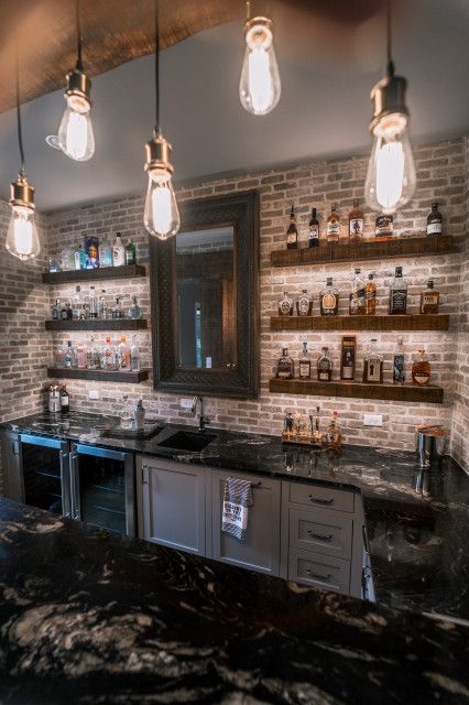 Back Wall Bar Ideas, Bar Shelves With Lights, Barndominium Bar Ideas, Brick Bar Ideas, Brick Basement Bar, Basement Bar Shelving Ideas, Brick Bar Ideas For Home, Farmhouse Basement Bar Ideas, Brick Wall Bar