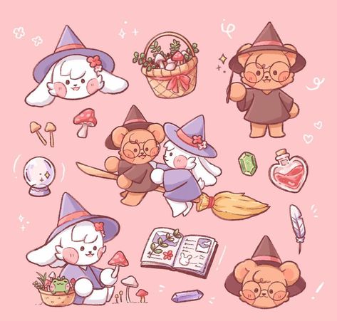 Mai 🐰🐻 on Instagram: “Coven Cuties 🍄🌿🪶 Another sticker sheet to add to the collection! It's spooky season every day with these cute witches 🐻🐰 Thinking of making…” Cute Witch Illustration, Chibi Accessories, Cute Line Art, Sketchbook Reference, Cute Witches, Witch Illustration, Tree Coloring, Spooky Food, Cute Witch