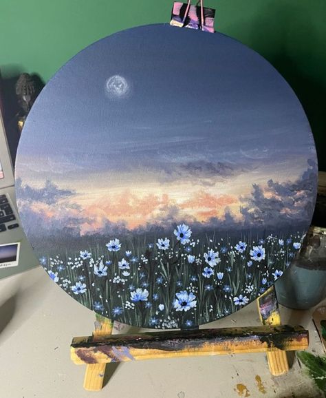 Acrylic Painting Ideas Clouds, Circle Canvas Painting Butterfly, Round Landscape Painting, Acrylic Circle Painting, Things To Paint On A Round Canvas, Circle Landscape Painting, Paintings On A Circle Canvas, Drawing On Round Canvas, Painting Ideas For Circle Canvas