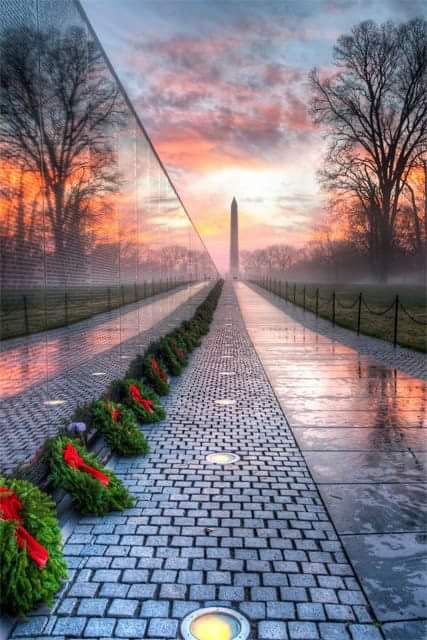 Vietnam Memorial Wall. Photo credit to Angela Pan of Fairfax, VA, who took this picture at sunrise. Wreaths Across America, Vietnam Memorial Wall, Greatest Generation, Vietnam Memorial, History Magazine, Sunrise Photos, South Vietnam, Vietnam Veterans Memorial, Veterans Memorial