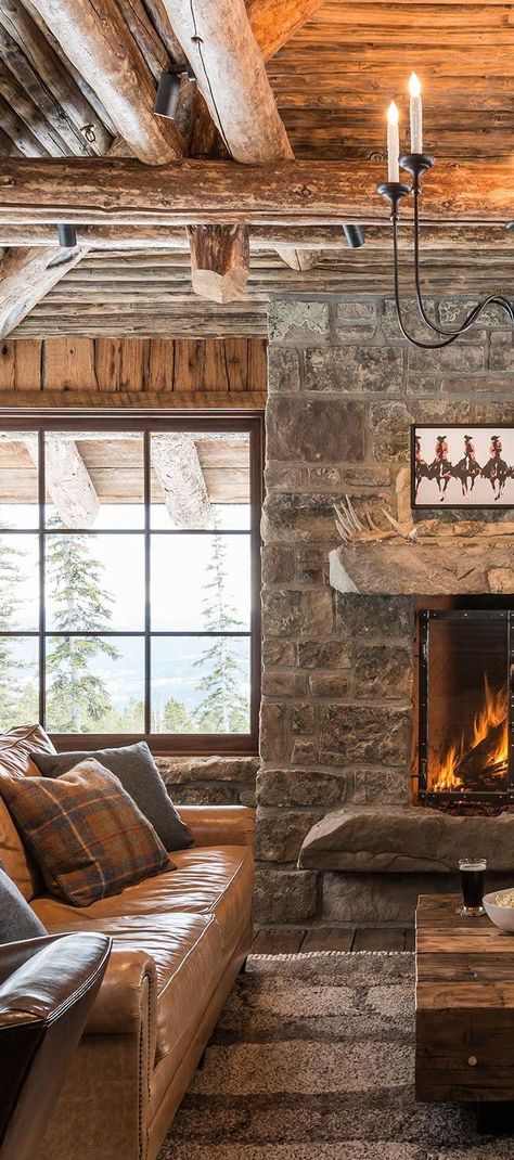 Beautiful Rustic Homes, Modern Lodge Fireplace, Rustic Rugs Living Room Cozy Cabin, Cabin Style Interior, Cabin Style Living Room Rustic, Loghome Ideas, Rustic Modern Mountain Home, Lodge Living Room Ideas, Rustic Luxury Living Room