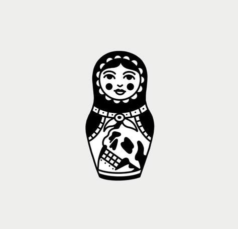 Quirky Traditional Tattoo, Traditional Mask Tattoo, American Traditional Tattoo Design Black, Small Old School Tattoo, American Traditional Tattoos Black And White, Small American Traditional Tattoo, Black And White Traditional Tattoo, Russian Doll Tattoo, Apollo Tattoo