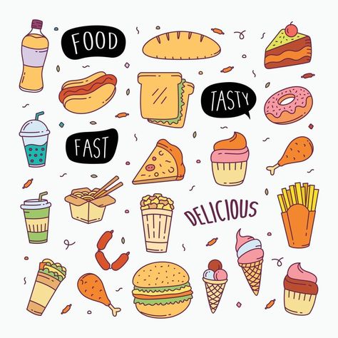 Fast food doodles hand drawn line art style object elements Food Doodles Hand Drawn, Doodle Art Style, Art Markers Drawing, Food Doodles, Line Art Style, Cute Doodles Drawings, Marker Drawing, Bullet Journal Doodles, Journal Doodles