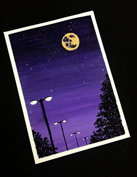 Night Sky Easy Painting, Night Sky Painting Acrylic Easy, Canvas Scenery Painting Easy, Night Scenery Painting Easy, Rectangular Canvas Painting Ideas, Night Drawing Easy, Lukis Simple, Night Time Paintings, Night Sky Painting Easy