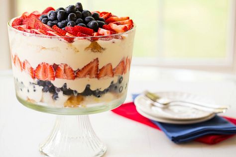 Red, White & Blue Berry Trifle by Brown Eyed Baker :: www.browneyedbake... ~ So easy! #4thofjuly #dessert #recipe Berry Trifle, Patriotic Desserts, Blue Desserts, Trifle Desserts, Festive Desserts, Pasta Primavera, Trifle Recipe, Vanilla Pudding Mix, Almond Flavor